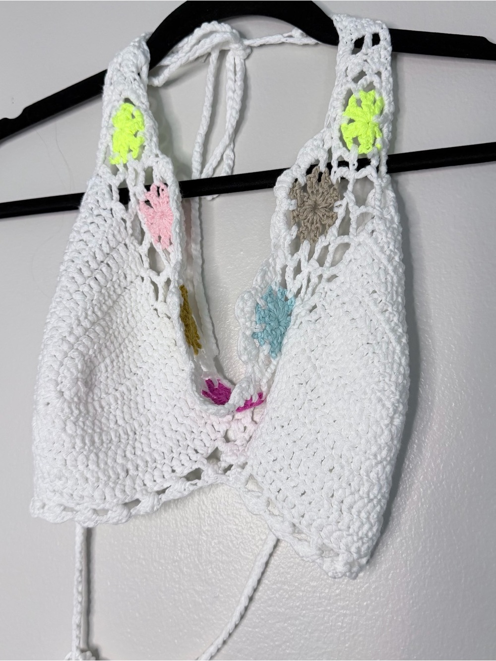 White Crochet Halter Tank Top with Multi-Color Floral Accents Festival Concert